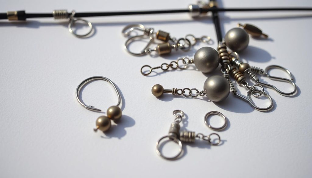 A detailed close-up photograph of a variety of fishing feeder rigs and components, including a feeder hook, lead weights, swivels, and other terminal tackle. The items are arranged neatly on a plain background, with natural lighting casting soft shadows. The overall mood is one of precision and functionality, highlighting the technical aspects of these specialized fishing tackle pieces. The image should convey a sense of the diversity and complexity of feeder rig setups used in modern coarse fishing.