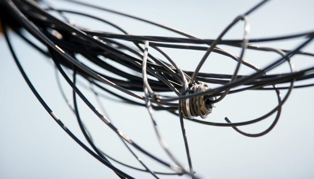 A detailed close-up shot of fishing tackle, capturing the intricate textures and patterns of a tangle of fishing line and various fishing knots. The line is glistening against a minimalist, slightly out-of-focus background, drawing the viewer's attention to the focal point. The lighting is soft and natural, accentuating the tactile quality of the materials. The composition emphasizes the importance of properly selecting and tying fishing line, conveying a sense of precision and attention to detail essential for a successful and reliable fishing rig.