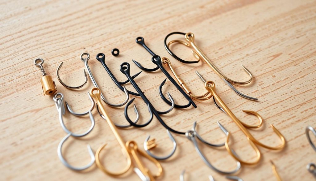 A detailed close-up shot of various fishing hooks arranged on a wooden surface. The hooks are made from different materials - shiny stainless steel, matte black carbon steel, and lustrous gold-plated. They are arranged in an orderly grid pattern, showcasing their diverse shapes, sizes, and features. The lighting is soft and natural, casting gentle shadows that highlight the textures and contours of the hooks. The background is a plain, uncluttered wooden table or surface, allowing the hooks to be the sole focus of the image. The overall mood is one of precision, craftsmanship, and the thoughtful consideration of the right tool for the job.