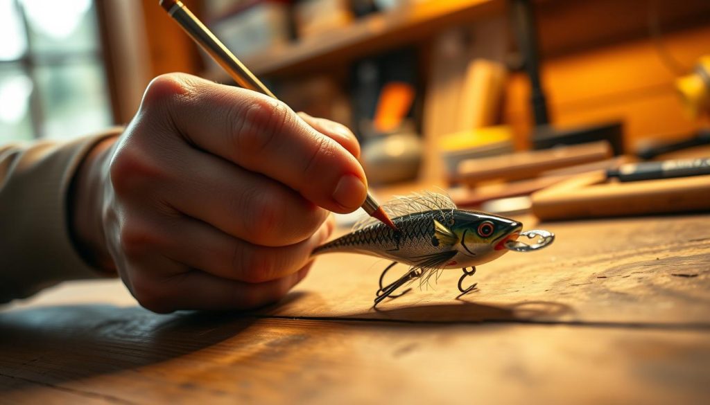 A detailed, close-up view of a person's hands carefully painting a fishing lure or wobbler. The lure is placed on a wooden workbench, highlighted by warm, natural lighting from a window or lamp. The scene exudes a sense of focus, craftsmanship, and passion for DIY fishing gear customization. The person's fingers are delicately applying layers of paint, creating intricate patterns and designs. The background is slightly blurred, drawing the viewer's attention to the intricate process of hand-painting the wobbler. The overall composition emphasizes the skill, patience, and artistry involved in this homemade fishing tackle project.