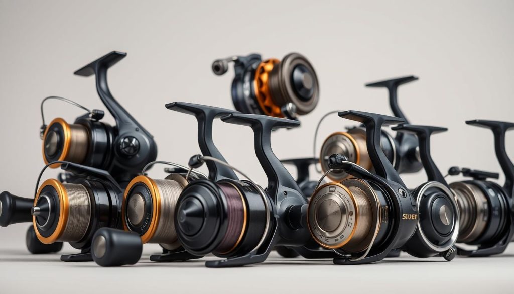 A detailed close-up view of high-quality feeder fishing reels arranged in a visually appealing composition. The reels feature various spool sizes and gear ratios, showcasing the key technical specifications needed for optimizing feeder fishing setups. The image is shot against a plain, neutral background with soft, even lighting to emphasize the tactile, mechanical details of the reels. The overall mood is informative yet aesthetically pleasing, reflecting the technical nature of the subject matter while maintaining visual interest.