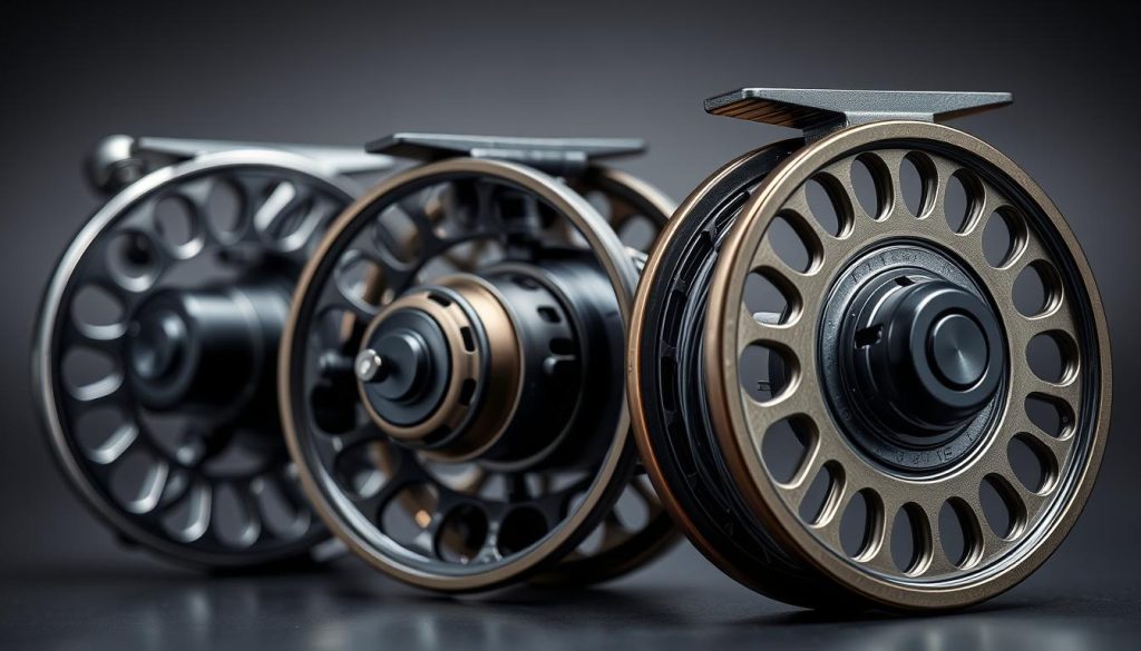 A detailed close-up view of the latest and greatest feeder fishing reel spools for the year 2025. Showcasing their intricate designs, advanced materials, and precision engineering. Highlighting the smooth line-laying mechanism, the durable yet lightweight construction, and the seamless integration with modern feeder rod setups. Capturing the spools in a well-lit studio setting, with a slightly elevated camera angle to emphasize their technical prowess and visual appeal. Conveying a sense of quality, innovation, and the expertise required to properly install these cutting-edge feeder reels onto the fishing rod.
