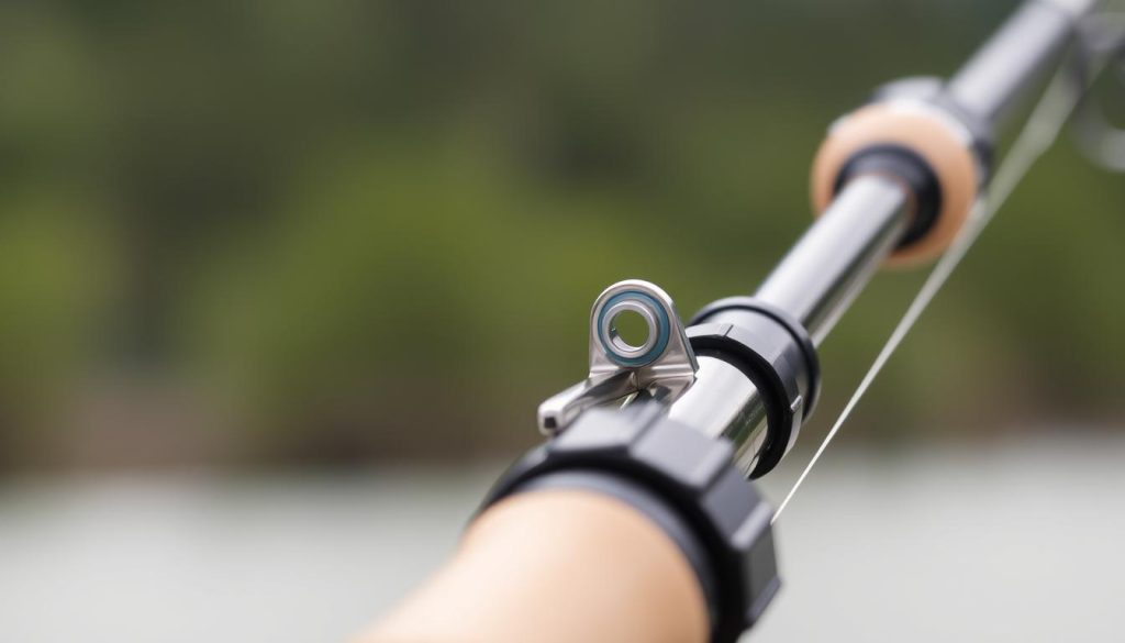 A detailed closeup view of a fishing rod's components, showcasing the rod's construction and design. The foreground features the rod's blank, with a focus on the distinctive curved shape and material composition, highlighting the flexibility and strength of the rod. The middle ground includes the reel seat, grip, and guides, captured in sharp detail to demonstrate the rod's technical specifications and ergonomic features. The background is blurred, subtly suggesting the natural environment where the rod would be used, creating a sense of context and purpose. The lighting is natural and diffused, enhancing the textures and highlighting the rod's sleek, modern aesthetic. The overall mood is one of precision, functionality, and the joy of fishing.