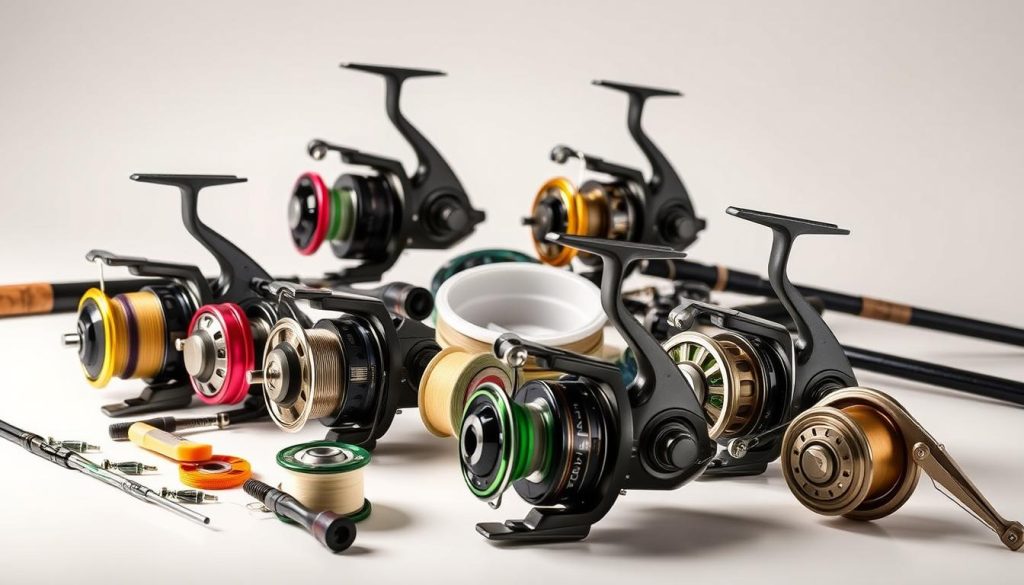 A detailed comparison of modern feeder fishing reels, showcased in a meticulously lit and well-composed still life. The foreground features an array of high-end feeder reels in various colors and designs, their precision mechanisms and gears visible in crisp detail. The middle ground includes accents like fishing line, rod guides, and other feeder fishing accessories, while the background softly fades into a neutral, studio-like setting that allows the reels to take center stage. The lighting is soft and directional, highlighting the reels' sleek curves and metallic finishes. The overall mood is one of thoughtful, technical analysis, inviting the viewer to closely examine and compare the key features of these essential feeder fishing tools.