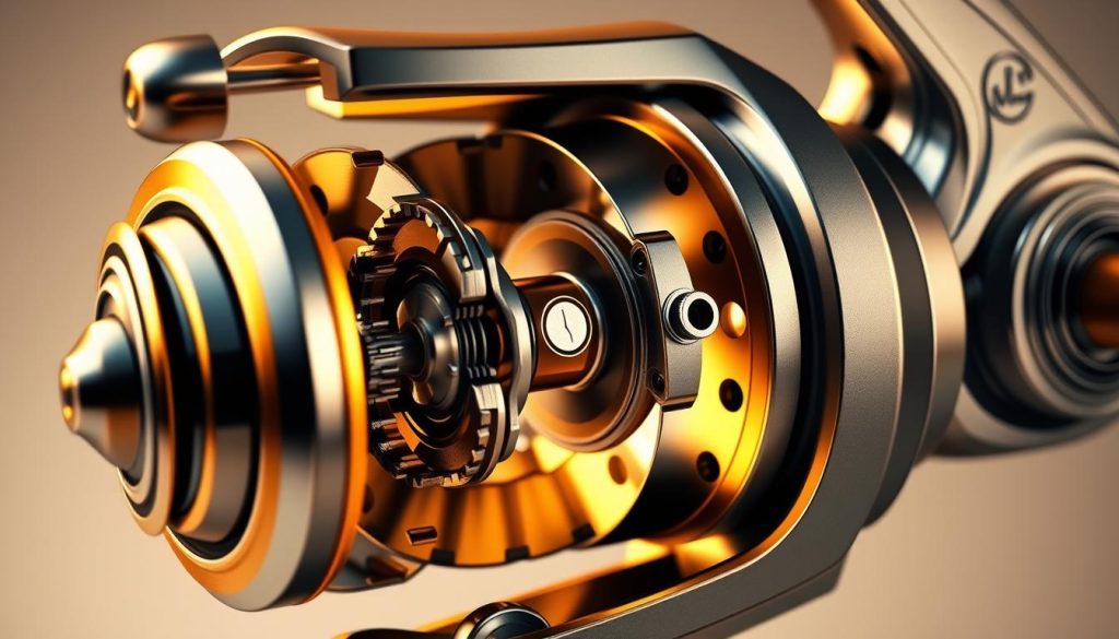 A detailed, cross-sectional illustration of a spinning reel's internal mechanism, showcasing the intricate workings of a multiplier spool. Crisp, high-resolution rendering with precise technical details, including the pinion gear, clutch system, and drag adjustment components. Warm, neutral lighting illuminates the metallic surfaces, creating depth and highlighting the mechanical intricacies. The composition emphasizes the spool's central role, framed by a clean, minimalist background to draw the viewer's attention to the principle of operation. The overall mood is one of precision engineering and functional elegance.