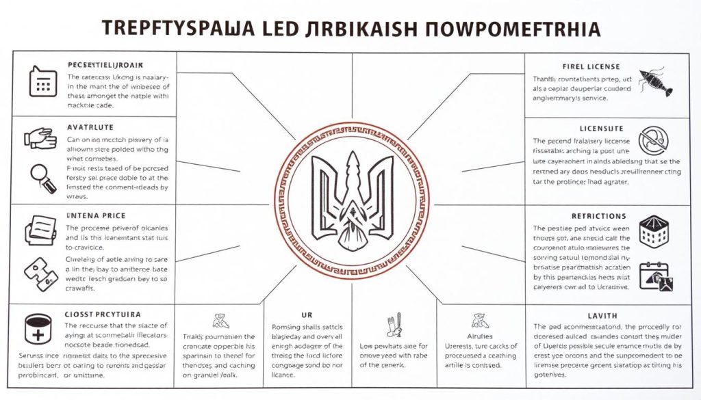 A detailed, formal illustration showcasing the key rules and guidelines for using a license for catching crayfish/crawfish in Ukraine. Set in a crisp, administrative style with a clean, organized layout. Prominent in the center, a formal crest or stamp representing the Ukrainian government agency overseeing this licensing process. Surrounding it, a grid-like arrangement of pictographic icons and brief textual descriptions outlining the proper procedures, restrictions, and requirements for this license. The overall mood is professional, authoritative, and informative, conveying a sense of clarity and compliance.