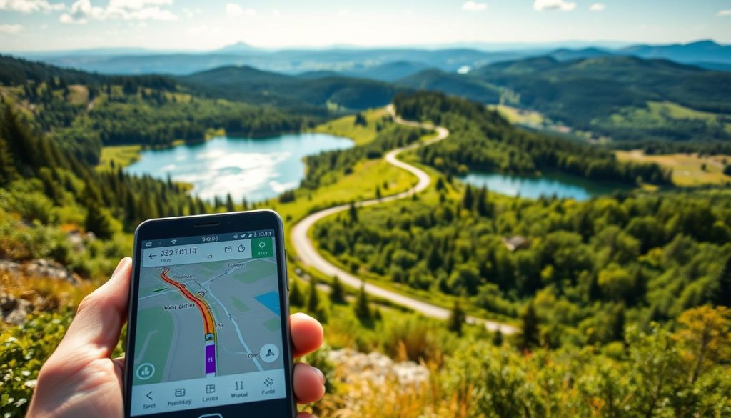 A detailed GPS navigation route through a serene, lush landscape of verdant lakes, surrounded by rolling hills and vibrant forests. The foreground depicts a glowing smartphone screen displaying the route, with a clean, intuitive interface. The middle ground showcases a winding road cutting through the picturesque scenery, leading the viewer towards the tranquil fishing lakes. The background features a panoramic vista of the peaceful, sun-dappled countryside, with distant mountains providing a majestic backdrop. The overall mood is one of tranquility, adventure, and the perfect balance between technology and nature.