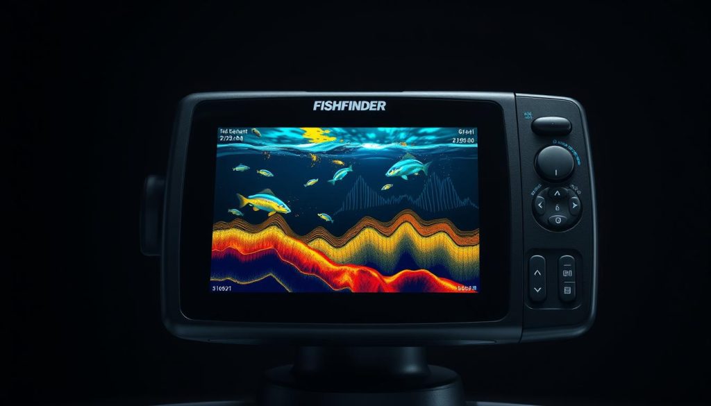 a detailed, high-resolution image of an advanced fish finder display with a clear, bright screen showing a detailed underwater sonar map, with distinct representations of fish, underwater terrain, and depth contours, all rendered with a sharp, technical aesthetic and precise, accurate detail, set against a dark, neutral background that highlights the screen's features, with subtle lighting from above creating depth and shadows to enhance the visual clarity and realism of the display