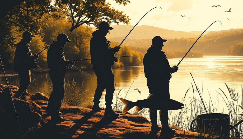 A detailed illustration of practical fishing recommendations, capturing the subject of the article on fish biology. In the foreground, fishermen engage in various angling techniques, their silhouettes casting dynamic shadows. The middle ground features a tranquil lake or river, the surface reflecting the surrounding natural setting. In the background, lush foliage and rolling hills create a serene, pastoral atmosphere. The lighting is warm and golden, evoking a sense of calm and contemplation. The composition strikes a balance between the human activity and the captivating natural environment, inviting the viewer to immerse themselves in the practical study of these freshwater species.