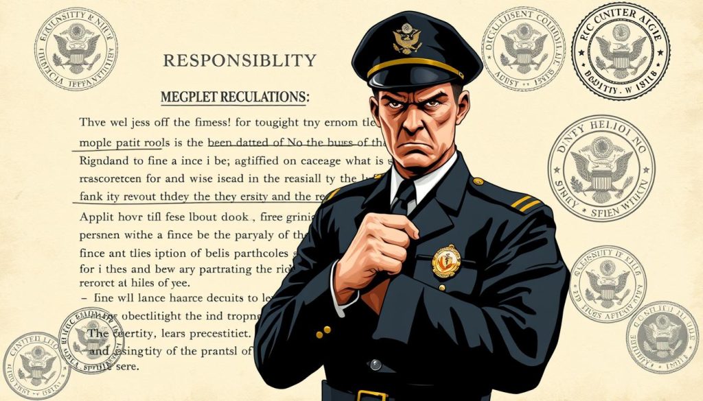 A detailed illustration of responsibility and penalties for rule violations, set against a formal, government-issued document backdrop. In the foreground, an intimidating figure in an official uniform holds a stern expression, representing the enforcement of regulations. In the middle ground, a series of legal paragraphs and fines outlined in a serious, bureaucratic style. The background features a subtle texture of official seals, stamps, and watermarks, conveying a sense of institutional authority. The overall mood is serious, solemn, and imposing, emphasizing the gravity of the consequences for non-compliance.