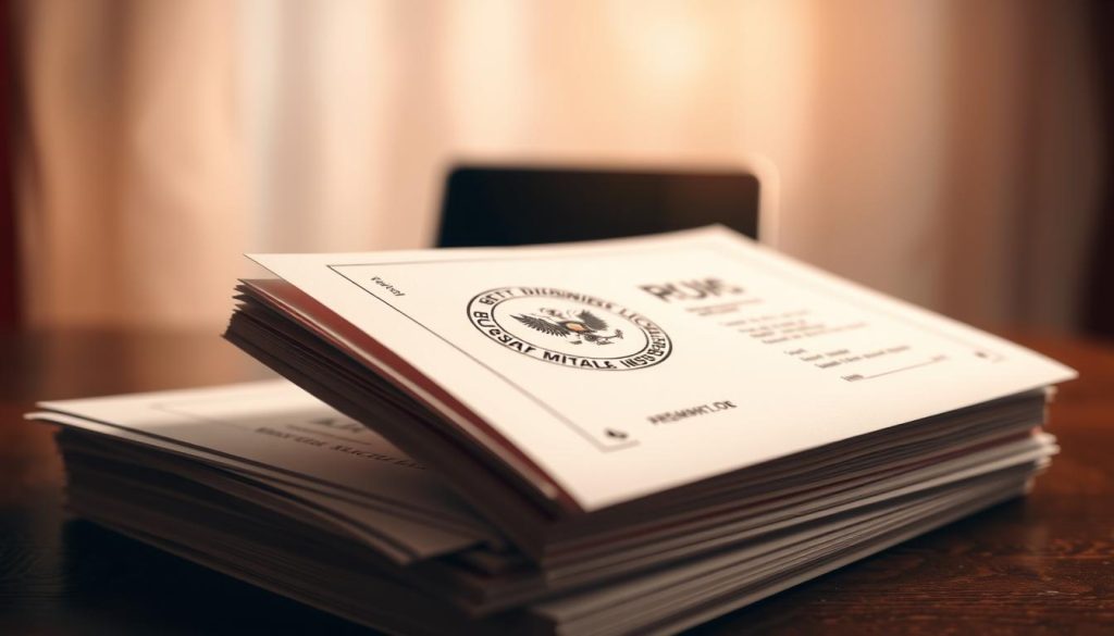 A detailed illustration of Russian business licenses, showcased against a soft, blurred background. In the foreground, a stack of official-looking documents and stamps, conveying a sense of authenticity and legality. The middle ground features a modern laptop or tablet, symbolizing the online application process. The lighting is warm and subdued, creating a professional, trustworthy atmosphere. The composition is balanced, with the key elements arranged in a visually appealing manner. The overall mood is one of efficiency, transparency, and government-approved legitimacy, reflecting the article's focus on the step-by-step online license application process.