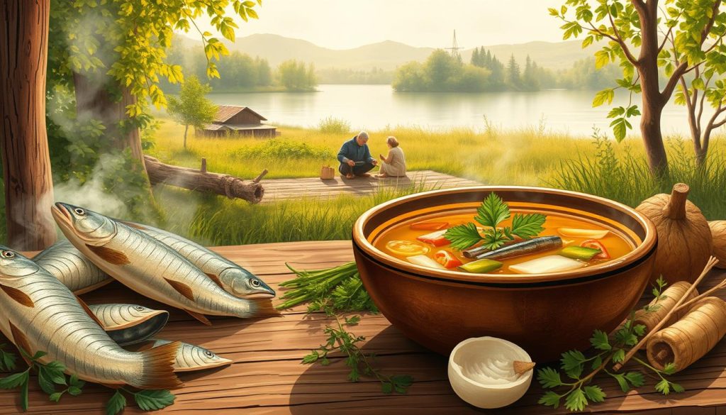 A detailed illustration of the health benefits of pike (щука) fish soup, or ukha, in a rustic, natural setting. Show a steaming bowl of ukha in the foreground, with fresh pike, herbs, and vegetables arranged around it. In the middle ground, depict a farm or lakeside scene with people enjoying the soup, conveying its traditional, nourishing qualities. In the background, include lush, verdant foliage and a tranquil body of water, creating a serene, pastoral ambiance. Use warm, earthy tones and soft, diffused lighting to evoke a sense of comfort and wellbeing. Capture the hearty, wholesome essence of this traditional Russian dish and its health benefits.