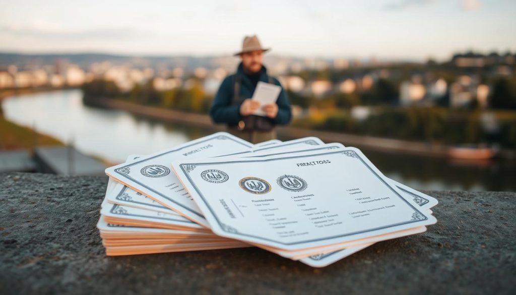 A detailed illustration of various fishing license types in Ukraine. In the foreground, a stack of official documents representing different license categories, each with a unique emblem or design. In the middle ground, a fisherman holding a license, standing by a scenic river or lake with a tranquil landscape. The background features a soft, blurred cityscape or countryside, conveying a sense of the diverse environments where these licenses can be utilized. The overall scene is captured with a warm, natural lighting, using a slightly wide-angle lens to create depth and emphasize the subject matter. The mood is informative yet serene, reflecting the importance of proper licensing for responsible fishing practices in Ukraine.