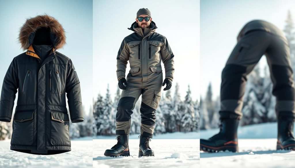 A detailed image of specialized winter fishing gear, showcasing the key features of a high-quality thermal suit. In the foreground, the main components of the suit are displayed - the insulated jacket with a fur-lined hood, reinforced waterproof pants, and durable boots. The middle ground features a fisherman wearing the full ensemble, posed in a natural outdoor winter setting with snow-covered trees in the background. Bright, directional lighting illuminates the materials and textures, highlighting the weatherproofing, warmth, and flexibility of the specialized attire. The overall mood conveys a sense of preparedness, comfort, and functionality for the harsh conditions of ice fishing.