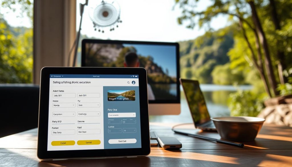A detailed online booking interface for a Ukrainian fishing and picnic excursion. In the foreground, a tablet or smartphone screen displays a clean, intuitive booking flow with fields for selecting dates, destinations, and party size. The middle ground features a desktop computer or laptop, with an agent or customer service representative assisting with the booking process. In the background, a serene landscape of a lake or river, with lush foliage and a picturesque setting that evokes the natural beauty of the excursion location. The lighting is soft and natural, creating a welcoming and relaxing atmosphere. The overall composition and color palette convey the ease and convenience of online booking for a memorable outdoor adventure.