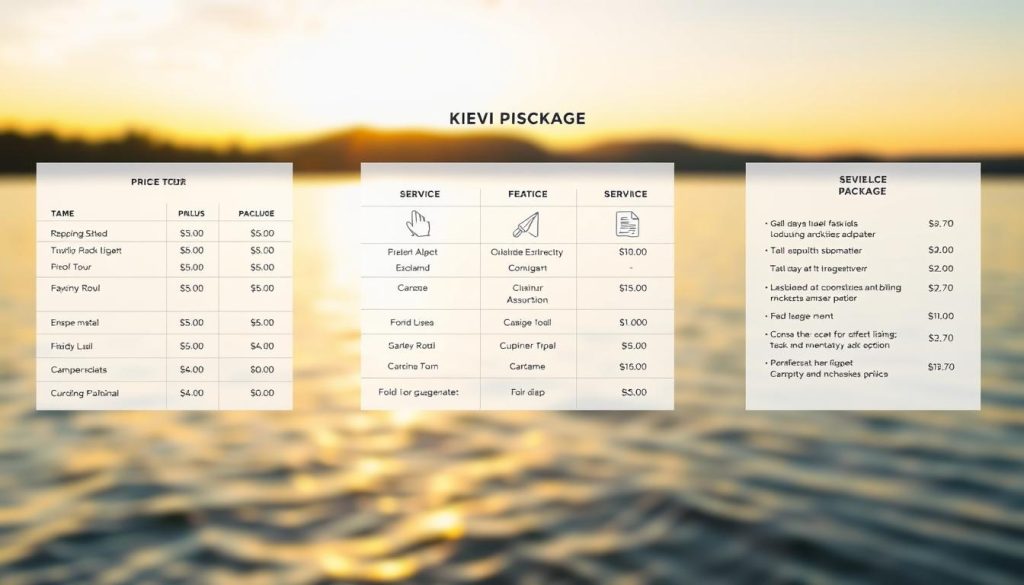A detailed price list and service package display, showcasing various fishing tour options at Kiev Reservoir. The foreground features a clean, minimalist table with neatly arranged columns detailing the costs and inclusions of each package. The middle ground includes elegant icons and graphics, subtly highlighting the key features. The background depicts a serene, softly blurred landscape of the reservoir, with gentle ripples on the water surface and a warm, golden-hued sky, evoking the tranquil atmosphere of a day spent fishing. The overall composition conveys a sense of professionalism, clarity, and the allure of the fishing experience.