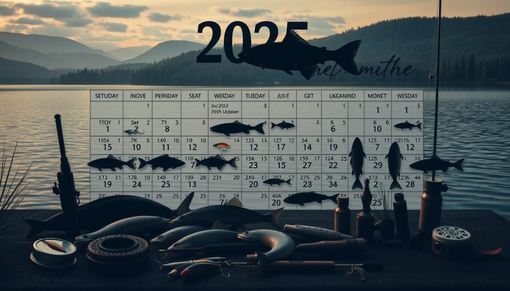 A detailed, seasonal fishing calendar depicting the biting patterns of both predatory and peaceful fish species in Ukraine during the year 2025. Rendered in a realistic, naturalistic style with muted colors. The foreground showcases a variety of freshwater fish silhouettes against a backdrop of a stylized calendar grid. The middle ground features fishing tackle, lures, and other angling equipment arrayed around the calendar. The background depicts a serene lakeside landscape with rolling hills, forests, and a dimly lit sky. Lighting is soft and diffused, creating a tranquil, contemplative mood. The composition is balanced and visually appealing, inviting the viewer to explore the details of this comprehensive fishing guide.