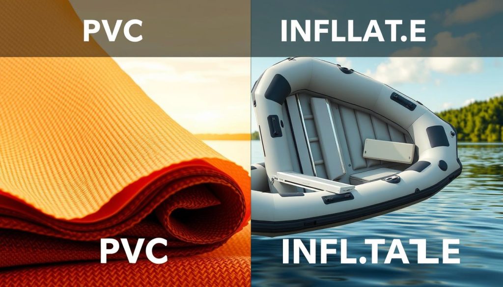 A detailed side-by-side comparison of PVC and inflatable boat materials, showcased in a well-lit, high-resolution photorealistic rendering. The foreground displays expertly crafted samples of PVC and inflatable fabrics, their distinct textures and weave patterns vividly depicted. The middle ground highlights the construction and manufacturing process, with cutaway views revealing the internal structure and reinforcements. The background subtly fades into a serene lake or river setting, conveying the intended use and environment for these versatile watercraft. Carefully balanced lighting accentuates the materials' properties, such as flexibility, durability, and water resistance. The overall composition aims to provide a comprehensive visual analysis to aid in the selection of the optimal boat material for Ukrainian anglers.