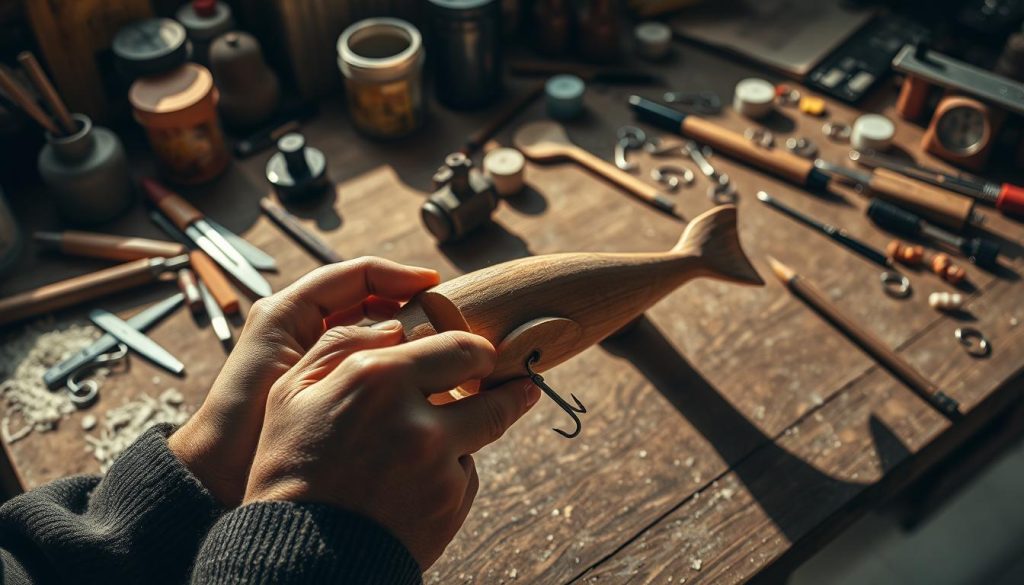 A detailed step-by-step guide on how to handcraft a fishing lure, or "vobler" as it's known in Russian. In the foreground, a skilled craftsman's hands meticulously shapes a wooden body, carving the contours and adding intricate details. The middle ground reveals an array of tools - files, sandpaper, and a small vise - used to refine the lure's form. In the background, a well-organized workbench is strewn with various materials - paint, hooks, eyelets - ready to transform the plain wooden form into a lifelike, vibrant fishing lure. The scene is lit by a combination of warm task lighting and natural daylight, casting dramatic shadows that accentuate the hands' movements and the lure's evolving shape. The overall atmosphere conveys a sense of focused, artisanal craftsmanship.