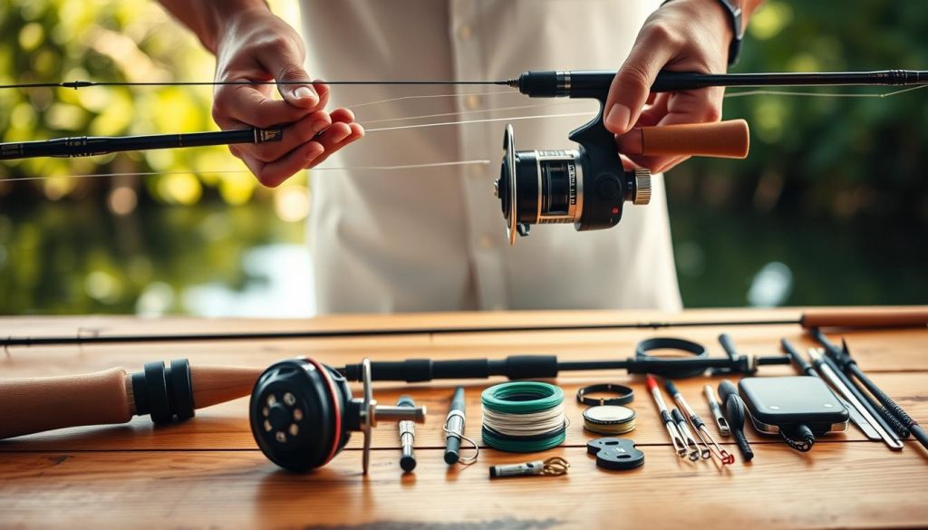 A detailed, step-by-step video tutorial on assembling a fishing rod and reel. The foreground shows skilled hands carefully connecting the rod sections, threading the line through the guides, and attaching the reel. The middle ground presents the various components laid out on a wooden surface, including the reel, line, and terminal tackle. The background features a soft, blurred outdoor scene with lush greenery, hinting at the natural setting where this fishing gear will be used. The lighting is natural, warm, and diffused, creating a calming, instructional atmosphere. The camera angle is slightly elevated, providing a clear, unobstructed view of the assembly process.