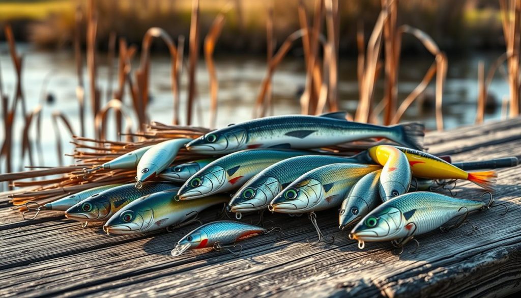 A detailed still life arrangement showcasing the top pike lures, with a natural, earthy backdrop. In the foreground, several high-quality pike fishing lures are carefully positioned, including various types of wobblers, plugs, and jerkbaits in realistic colors and patterns. The middle ground features a rustic wooden surface, perhaps a fishing tackle box or weathered dock, providing a textured and aged setting. In the background, a blurred natural landscape with reeds, cattails, or other aquatic vegetation, suggesting a tranquil lakeside or riverbank environment. Soft, warm lighting casts subtle shadows, enhancing the three-dimensional quality of the scene and evoking a sense of authenticity and attention to detail.