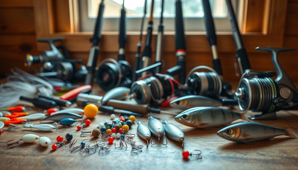A detailed still life composition of various fishing tackle and lures laid out on a wooden surface, captured in natural window lighting. The foreground features an assortment of soft plastic baits, jig heads, hooks, and other terminal tackle arranged neatly. The middle ground showcases several types of spinning reels and rods, each with its own distinct silhouette and finish. The background subtly blends in a rustic wooden wall or shelf, creating a warm, earthy ambiance. The lighting is soft and diffused, bringing out the textures and colors of the fishing equipment. The overall mood is one of anticipation and preparation for a successful day of fishing for perch.