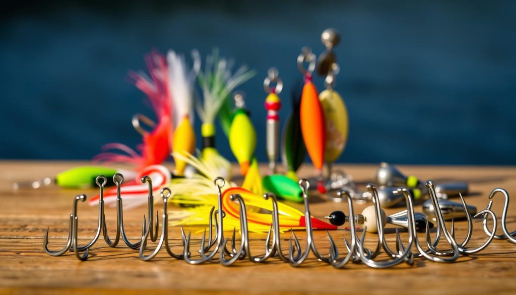 A detailed still life featuring an assortment of fishing hooks and lures in natural lighting. In the foreground, a variety of sharp, metallic hooks of different sizes and designs are arranged neatly on a wooden surface. In the middle ground, a selection of colorful, lifelike bait and lure attachments, such as silicone tails, jig heads, and spinner blades, are displayed. The background shows a slightly blurred, out-of-focus natural setting, hinting at the outdoor environment where these fishing tools would be used. The overall scene conveys a sense of precision, utility, and the practical considerations that go into choosing the right tackle for a successful fishing trip.