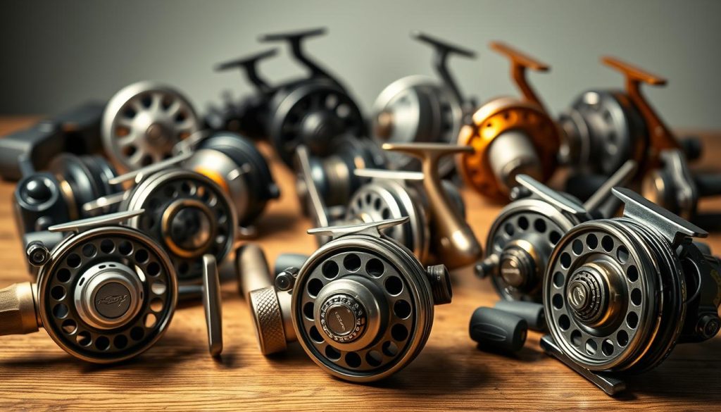 A detailed still life of various types of carp fishing reels arranged on a wooden surface. The foreground features several open-faced reel models with visible spools, drag knobs, and line guides. In the middle ground, there are some baitcast reels with larger spool housings. In the background, a few more traditional closed-face reel designs are visible. The lighting is soft and diffused, creating subtle shadows that highlight the textures and contours of the reels. The overall atmosphere is one of precision, craftsmanship, and the contemplation of angling equipment.