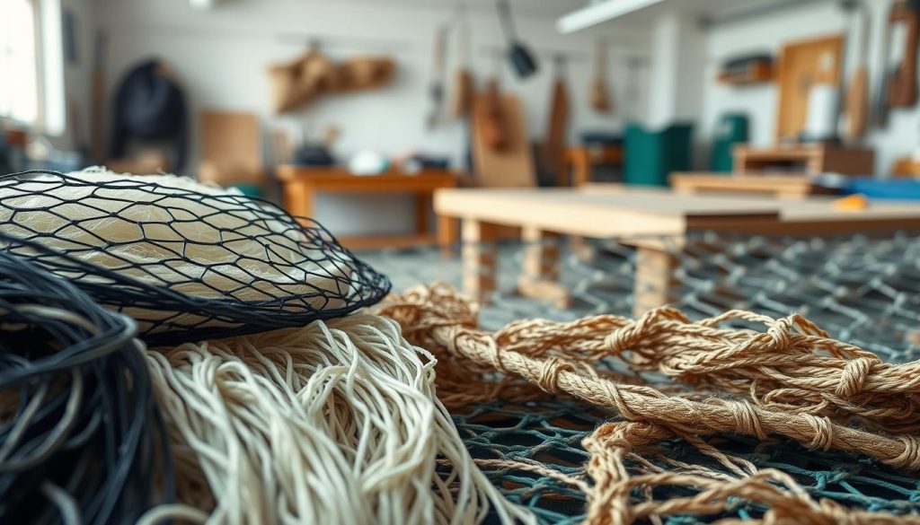 A detailed, technical illustration of fishing net materials and construction. In the foreground, various strands of netting material - nylon, polyethylene, and natural fibers - lie in an organized display. The middle ground showcases the intricate weaving patterns and knot structures that form the net's mesh. In the background, a well-lit, clean workshop setting with wooden tables and tools used in net fabrication. Lighting is soft and diffused, highlighting the delicate textures and hues of the net components. The overall mood is one of precision, craftsmanship, and the seasoned expertise required to design and build high-quality fishing nets.