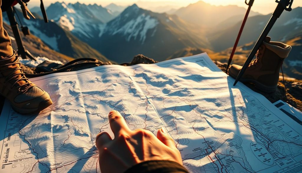 A detailed topographic map lays out the rugged mountain terrain, with contour lines and elevation markers guiding the eye. In the foreground, a hiker scrutinizes the map, finger tracing the proposed route. Sturdy hiking boots, a backpack, and trekking poles suggest preparation for an adventurous journey. The background features snow-capped peaks and lush alpine meadows, creating a sense of immersion in the great outdoors. Warm, golden lighting illuminates the scene, evoking the thrill of planning an epic mountain expedition. The composition conveys the methodical yet exhilarating process of route planning, setting the stage for an unforgettable adventure.