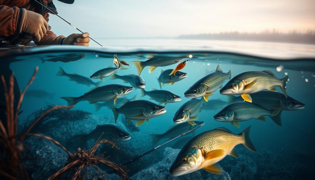 A detailed underwater scene showcasing the varied techniques and strategies for catching different types of fish during the winter ice fishing season in Ukraine. In the foreground, a fisherman carefully baits his hook, surrounded by frozen lake ice and submerged vegetation. The middle ground features a school of diverse fish species - from sleek pike to colorful perch - each requiring specialized lures and approaches. The background gently fades into a serene, hazy winter landscape with soft lighting filtering through the ice, evoking a sense of peaceful contemplation. The composition emphasizes the nuanced skills and adaptability needed for successful cold-weather angling across a range of aquatic environments and target species.