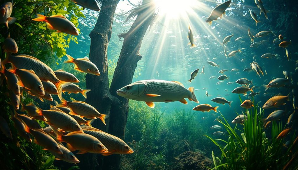 A detailed underwater scene showcasing various species of freshwater fish. In the foreground, a shoal of vibrant, iridescent carp and roach swim gracefully amidst lush aquatic vegetation. In the middle ground, a large, majestic pike lurks between submerged tree trunks, its predatory eyes scanning the waters. In the background, schools of perch and bream dart between dappled rays of sunlight filtering through the water's surface. The image is captured with a wide-angle lens, creating a sense of depth and immersion. The lighting is soft and natural, highlighting the diverse textures and colors of the fish and their aquatic environment.