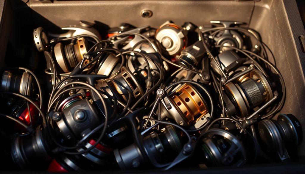 A disorganized tackle box filled with various types of fishing reels, some tangled together, representing the common mistakes anglers make when selecting the wrong reel for their needs. The reels are illuminated by a soft, warm lighting, casting shadows that create a sense of depth and dimension. The background is slightly blurred, keeping the focus on the cluttered foreground of mismatched reels, conveying the importance of careful consideration when choosing the right reel for a successful fishing expedition.