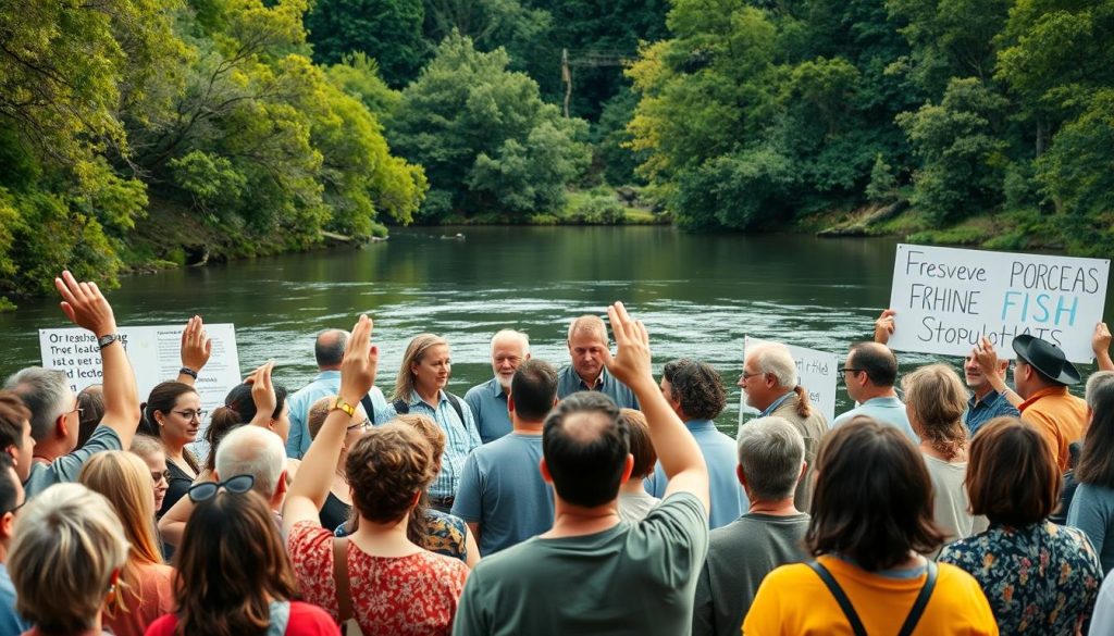 A diverse group of citizens standing together, united in their efforts to protect and preserve fragile fish populations. The foreground features a mix of concerned faces, hands raised in discussion, posters, and banners calling for conservation action. The middle ground showcases fishery experts, local leaders, and community members engaged in open dialogue. In the background, a serene river landscape with lush foliage frames the scene, emphasizing the natural setting that is the focus of their collective stewardship. Warm, diffused lighting illuminates the heartfelt collaboration, creating a sense of purpose and shared responsibility for the sustainability of these precious aquatic resources.