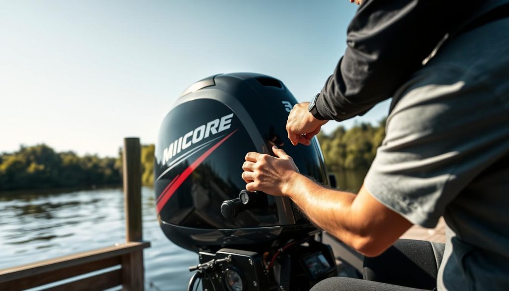 A dockside scene with a person intently operating a boat motor, examining the controls and gauges. The motor's sleek, modern design is the focal point, with the person's hands meticulously adjusting various knobs and levers. The background depicts a calm lake or river, with lush greenery and a clear sky, conveying a serene outdoor setting. The lighting is natural, creating subtle shadows and highlights that accentuate the motor's form and the operator's focused expression. The overall atmosphere is one of technical proficiency and appreciation for the engineering that goes into boat motor operation.