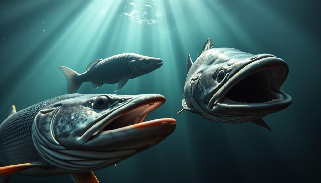 A dramatic underwater scene showcasing the predatory behavior of fierce freshwater fish. In the foreground, a ferocious northern pike with razor-sharp teeth stalks its prey, its eyes intently focused. In the middle ground, a powerful Wels catfish lurks in the shadows, its barbels twitching as it scans the water for an unsuspecting target. In the background, a large zander (European perch) hovers cautiously, its triangular head and spiny dorsal fin cutting through the murky depths. Shafts of soft natural light pierce the water, creating an ominous, chiaroscuro-like atmosphere. Capture the unbridled power and predatory instincts of these apex freshwater predators in a cinematic, almost documentary-style composition.