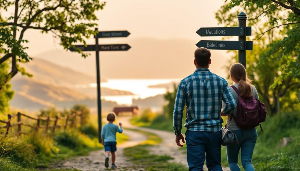 A family strolling through a scenic park, considering their vacation options. The foreground features a couple with two children standing at a fork in the path, gazing at signs pointing in different directions. The middle ground showcases lush greenery, with a winding trail leading to a picturesque lake or river. In the background, rolling hills and a warm, hazy sky create a sense of tranquility. Soft, diffused lighting illuminates the scene, emphasizing the peaceful, contemplative atmosphere. The composition evokes a sense of exploration and decision-making, as the family ponders the various possibilities for their family getaway.