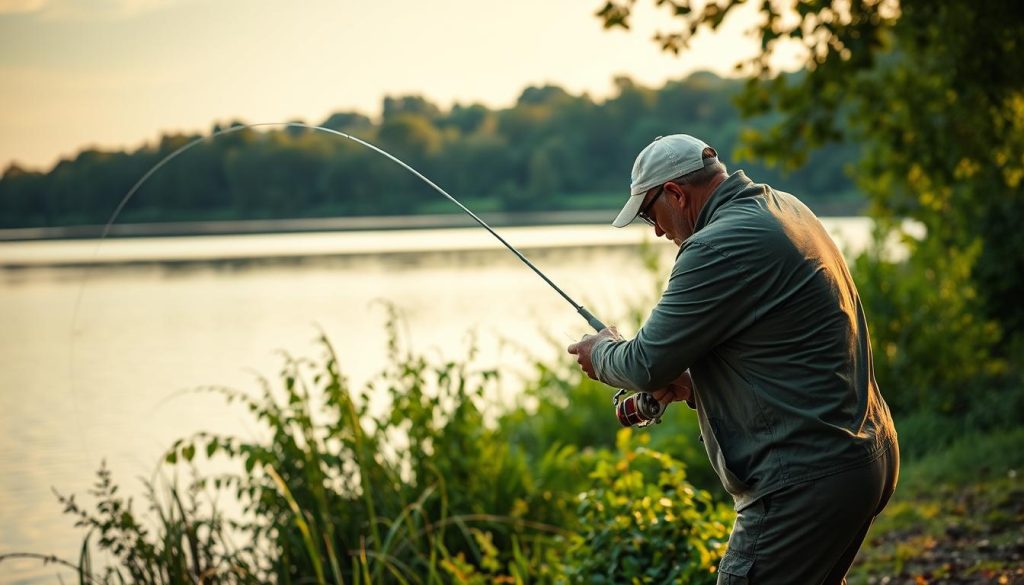 A fisherman casting a feeder rod with precision, his body leaning forward as the line arcs gracefully through the air, the reel spinning smoothly. The scene is set against a backdrop of a tranquil lake, with lush green foliage lining the shores. Soft, warm lighting illuminates the scene, creating a sense of calmness and focus. The fisherman's movements are fluid and practiced, showcasing the technique of feeder fishing. The image captures the essence of the "техника заброса" section, highlighting the skill and artistry involved in this specialized method of angling.