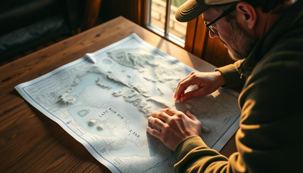 A fisherman meticulously studying a detailed topographic map of a lake, forest, and river system, planning the optimal spots for his day's fishing expedition. The map is spread out on a sturdy wooden table, illuminated by warm sunlight filtering through a window. The fisherman's expression is focused, his calloused hands tracing the contours of the landscape, searching for promising fishing holes, underwater structures, and seasonal migration patterns of the local fish. The scene exudes a sense of preparation, anticipation, and a deep connection between the fisherman and the environment he seeks to explore.