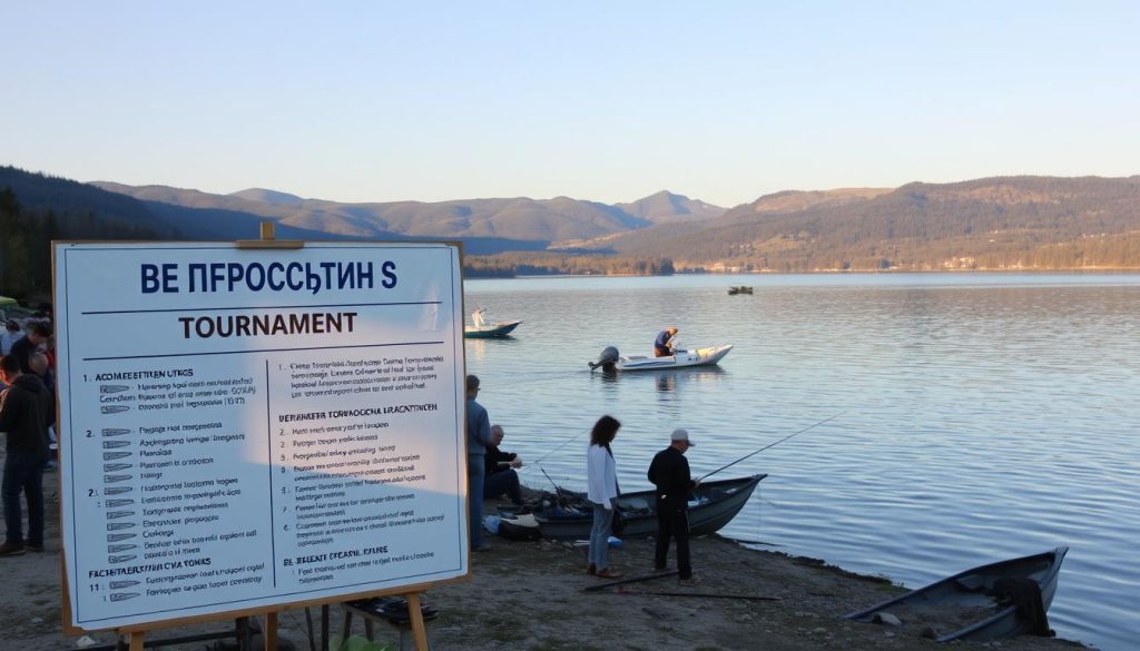 A fishing tournament on a serene lake, with anglers lining the shores and boats dotting the water. In the foreground, a large bulletin board displays the tournament rules and regulations in Cyrillic script, casting a warm glow under a soft, diffused light. The middle ground shows competitors preparing their tackle and gear, discussing tactics and strategies. In the distance, the lakeside landscape unfolds, with rolling hills, dense forests, and a clear sky reflecting in the calm waters. The overall atmosphere conveys a sense of camaraderie, fair play, and the joy of the sport.