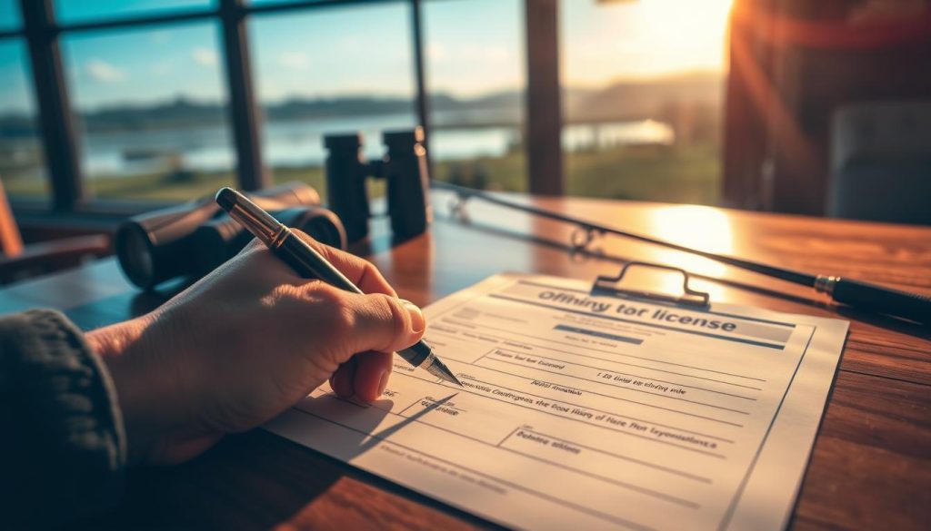 A formal licensing document resting on a wooden desk, illuminated by warm, natural lighting. In the foreground, a hand is filling out the form with a quality fountain pen, capturing the meticulous process of obtaining an official fishing license. The midground features a pair of binoculars and a fishing rod, alluding to the forthcoming outdoor adventure. In the background, a picturesque landscape through a window suggests the idyllic setting where the newly acquired license will be utilized. The overall scene conveys a sense of diligence, anticipation, and the importance of properly securing the required permissions to partake in the beloved pastime of recreational fishing.