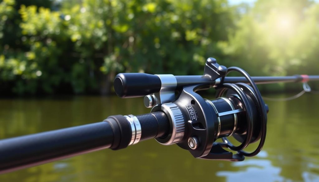 A high-quality, 3.6-meter fishing rod with a sleek, black carbon fiber body and sturdy metal fittings. The reel seat features a smooth, ergonomic design, allowing for comfortable, precise control during angling. Sophisticated line guides ensure seamless, tangle-free casting, while the sturdy, well-balanced construction provides excellent sensitivity and responsiveness. The rod is set against a tranquil, lakeside setting, with sun-dappled waters and lush, verdant foliage in the background, creating a serene, inviting atmosphere for an afternoon of peaceful, productive fishing.