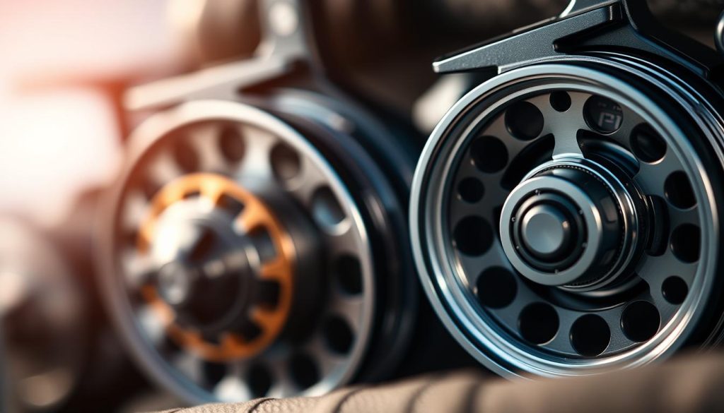 A high-quality close-up image of modern fishing reel spools, showcasing the latest advancements in feeder reel technology for 2025. The spools are made of advanced lightweight materials, featuring precision-engineered gear systems and sleek, aerodynamic designs. The image should be shot with a shallow depth of field, creating a soft, blurred background that allows the intricate details of the reels to take center stage. Soft, directional lighting should be used to accentuate the contours and textures of the reels, evoking a sense of sophistication and technological prowess. The overall mood should convey a sense of innovation, quality, and the cutting edge of modern feeder fishing equipment.