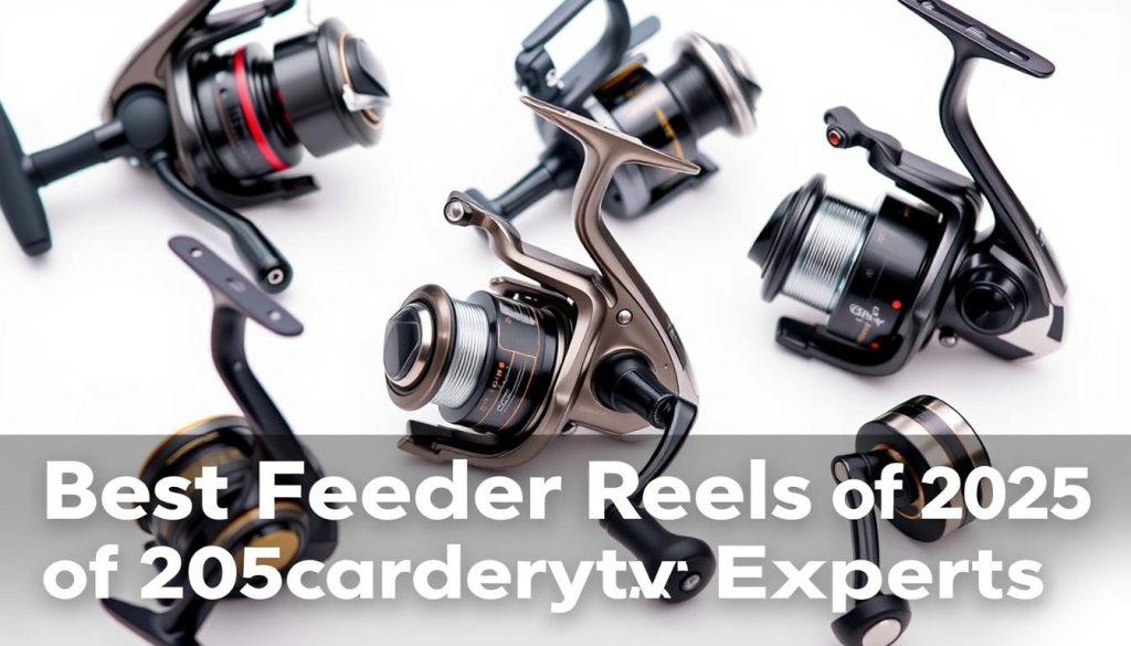 A high-quality closeup image of the best 2025 fishing reel models for match and feeder fishing, photographed against a plain white background with soft directional lighting. The reels are cleanly and crisply rendered, showcasing their intricate mechanical details, sleek designs, and advanced features like ultra-smooth drag systems, impressive line capacities, and durable, corrosion-resistant construction. The image conveys a sense of quality, innovation, and the expertise of the featured products, aligning with the section title "The Best Feeder Reels of 2025 According to Experts".