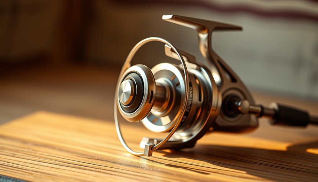 A high-quality, closeup photograph of a fishing reel for feeder fishing, showcasing its intricate design and craftsmanship. The reel is positioned on a wooden surface, illuminated by warm, directional lighting that highlights its metallic accents and smooth, sleek lines. The background is slightly blurred, creating a sense of depth and focus on the reel. The image conveys a sense of premium quality, attention to detail, and the specialized nature of the equipment required for successful feeder fishing in 2025.