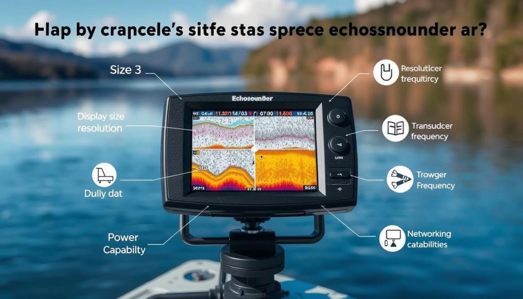 A high-quality, detailed illustration of the key factors to consider when choosing a fishing sonar (echosounder). The scene depicts a fishing setting with a lake or river in the background, and a centrally positioned echosounder on a stand or mounted on a boat, with various labeled UI elements and features highlighted. The foreground showcases the echosounder's screen, displaying depth, fish targets, and other sensor data. The middle ground features annotated icons or infographic-style elements explaining criteria such as display size, resolution, transducer frequency, power output, and networking capabilities. The background provides a serene, naturalistic landscape setting to complement the technical subject matter. The overall mood is informative and educational, inviting the viewer to carefully consider the essential factors when selecting the right echosounder for their fishing needs.