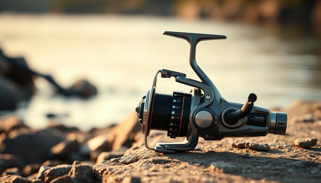 A high-quality, detailed image of a fishing reel in a natural outdoor setting. The reel should be shown from multiple angles, with a focus on its mechanical components and sleek design. The reel should be positioned on a rocky shoreline or pier, with a blurred background of a calm lake or river. Warm, diffused lighting should create a serene, contemplative atmosphere, highlighting the reel's intricate details and textures. The overall composition should convey a sense of craftsmanship, functionality, and the joy of the fishing experience.