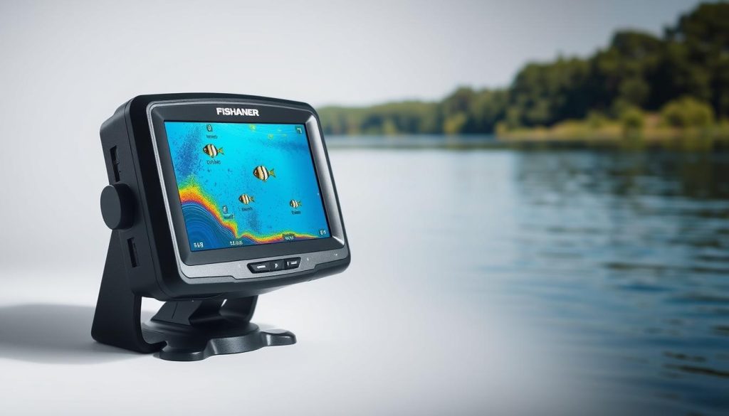 A high-quality fish finder sonar device for recreational angling, captured in a detailed product shot. In the foreground, the sleek, modern device is displayed against a neutral background, showcasing its robust construction and intuitive user interface. The middle ground features a clear display showing a vibrant underwater scene, with distinct fish targets and depth contours. In the background, a serene lakeside setting with lush greenery and calm waters sets the tranquil mood. Soft, directional lighting accentuates the device's features, creating depth and highlighting its technical capabilities. The overall scene conveys the essential tools and environment for successful freshwater fishing.