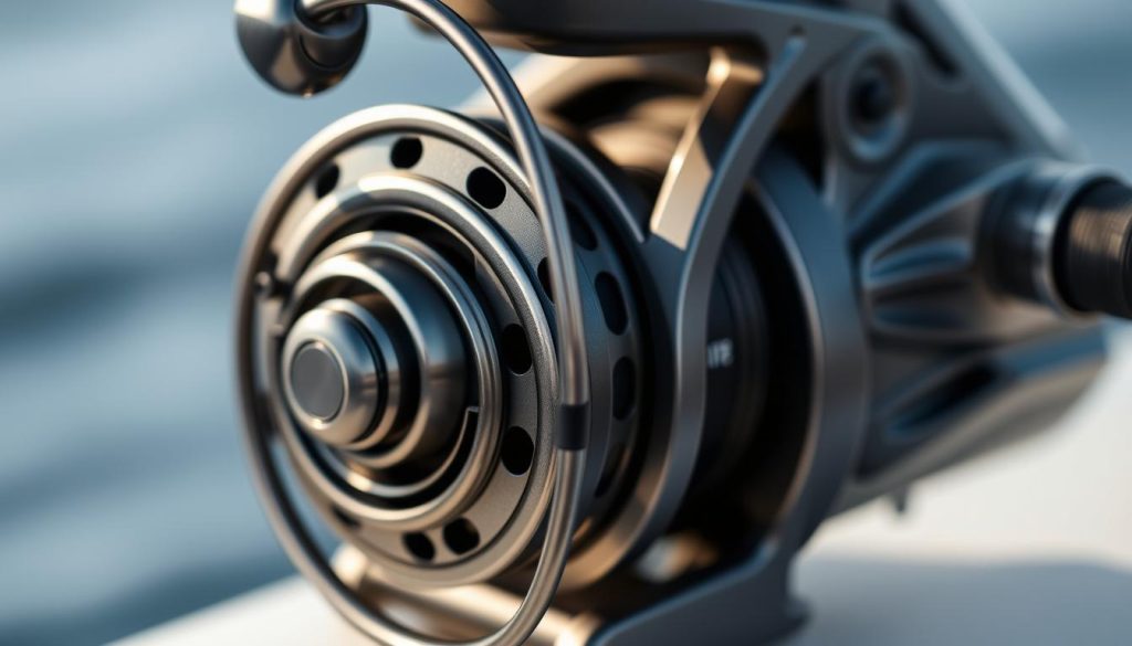 A high-quality fishing reel for trolling, with a robust metal frame and spool. Detailed close-up view showing the reel's mechanisms, including the drag system, line guides, and smooth-turning handle. The reel has a sleek, modern design in muted tones, reflecting its purpose for professional-grade fishing. Subtle ambient lighting casts gentle shadows, highlighting the reel's contours and textures. The overall composition emphasizes the reel's construction, features, and quality, conveying its suitability for a variety of trolling conditions.