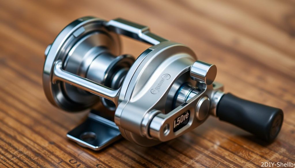 A high-quality fishing reel with a sleek, modern design, resting on a wooden surface. The reel's body is made of durable metal, with a shiny, chrome-plated finish that catches the light. The spool is exposed, showcasing its smooth, precision-engineered mechanism. Delicate details, such as the reel's handles and drag adjustment knob, are precisely rendered. The lighting is soft and natural, creating a warm, inviting atmosphere. The background is slightly blurred, allowing the reel to be the focal point of the image, highlighting its key characteristics and technical specifications.